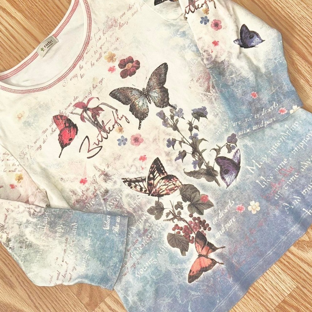 Y2K Vintage Cactus All-Over Print Butterflies Long Sleeve Top Women's Medium